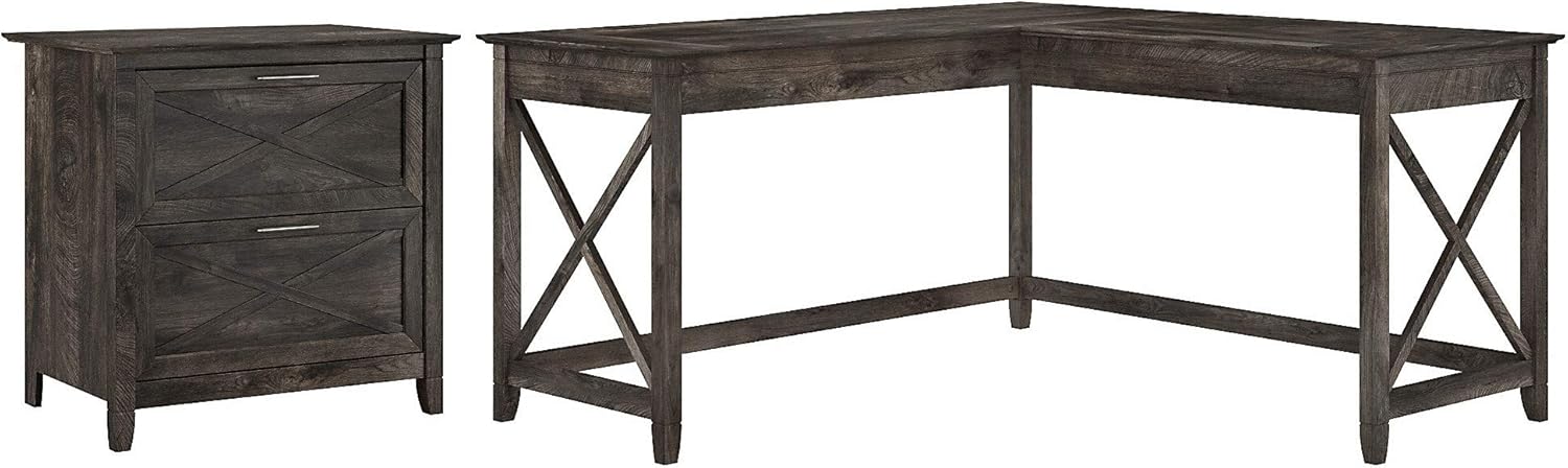 Dark Gray Hickory L Shaped Desk with 2 Drawer Lateral File Cabinet I6635
