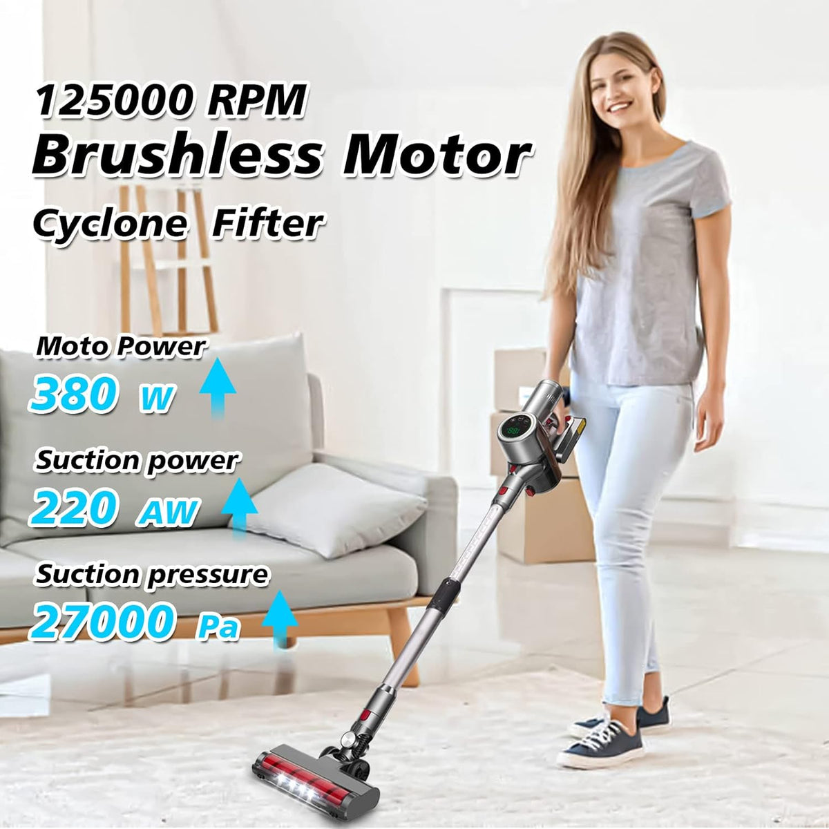 Cordless Stick Vacuum Cleaner with 2 Batteries, 27KPa Brushless Motor, LED Display B848538