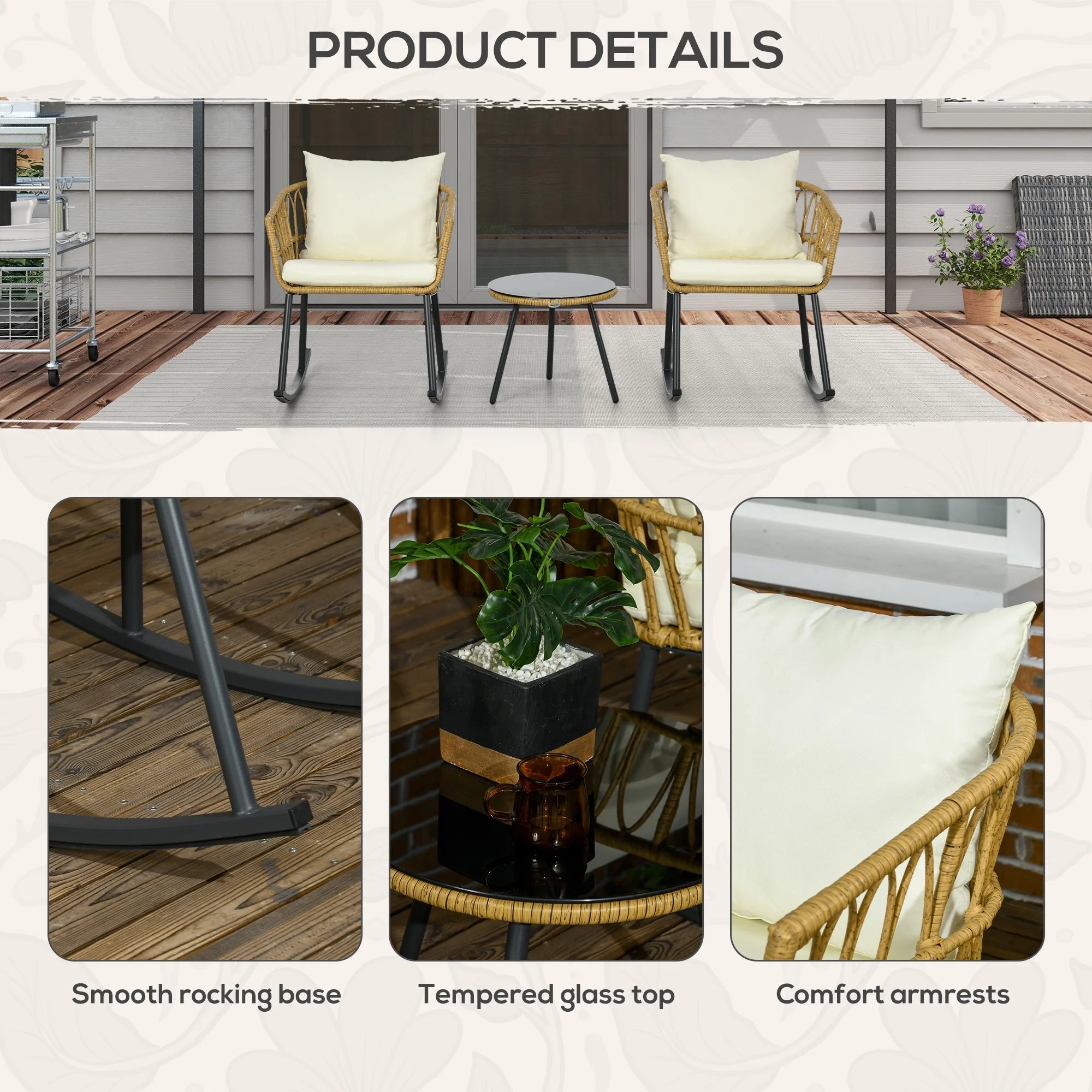 White 3 Piece Patio Rocking Chair Set with Cushions and Glass Top M835710