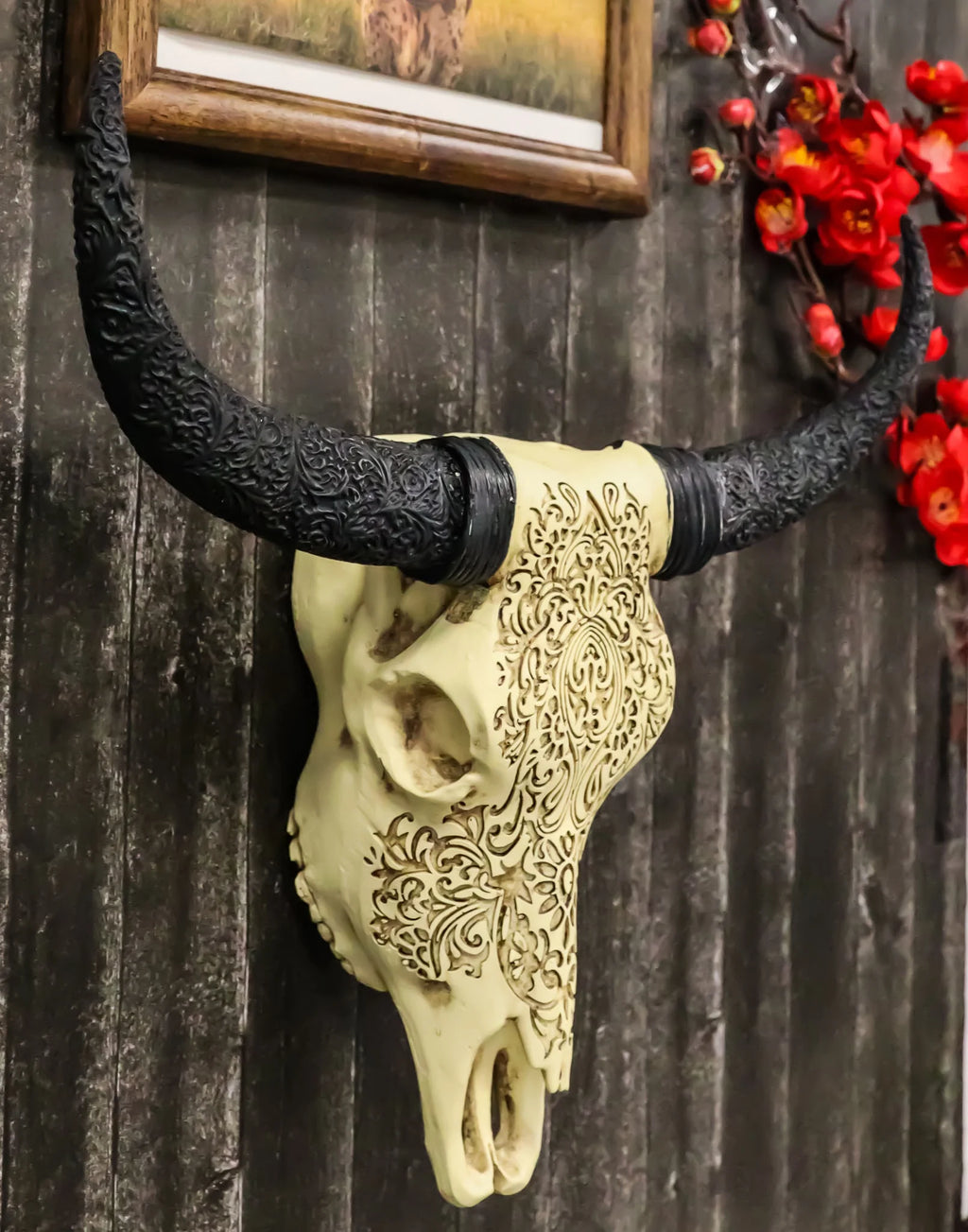Tooled Bison Bull Cow Skull Wall Decor Plaque I2690