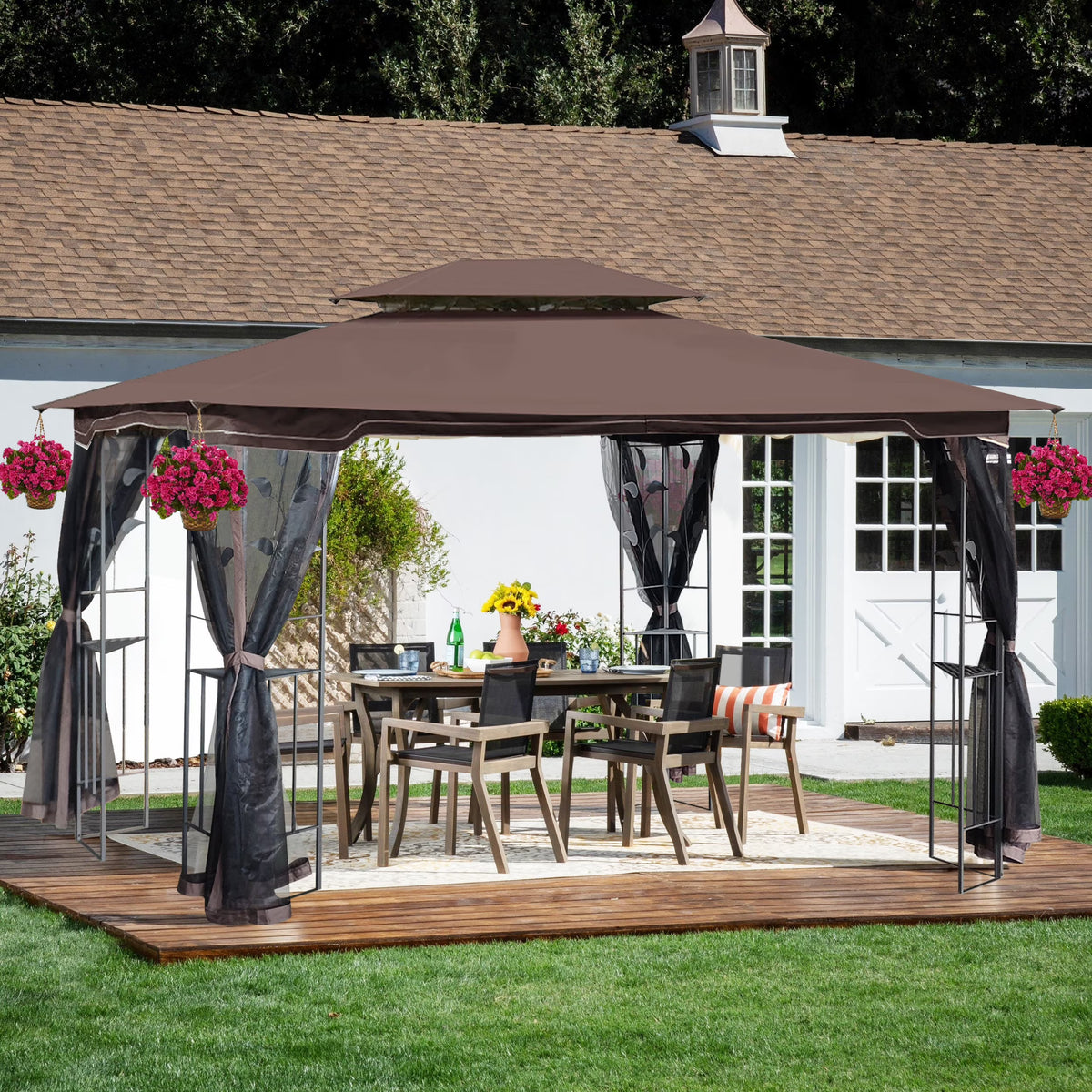 Brown Top Outdoor Patio Gazebo Canopy Tent with Mosquito Net A813473