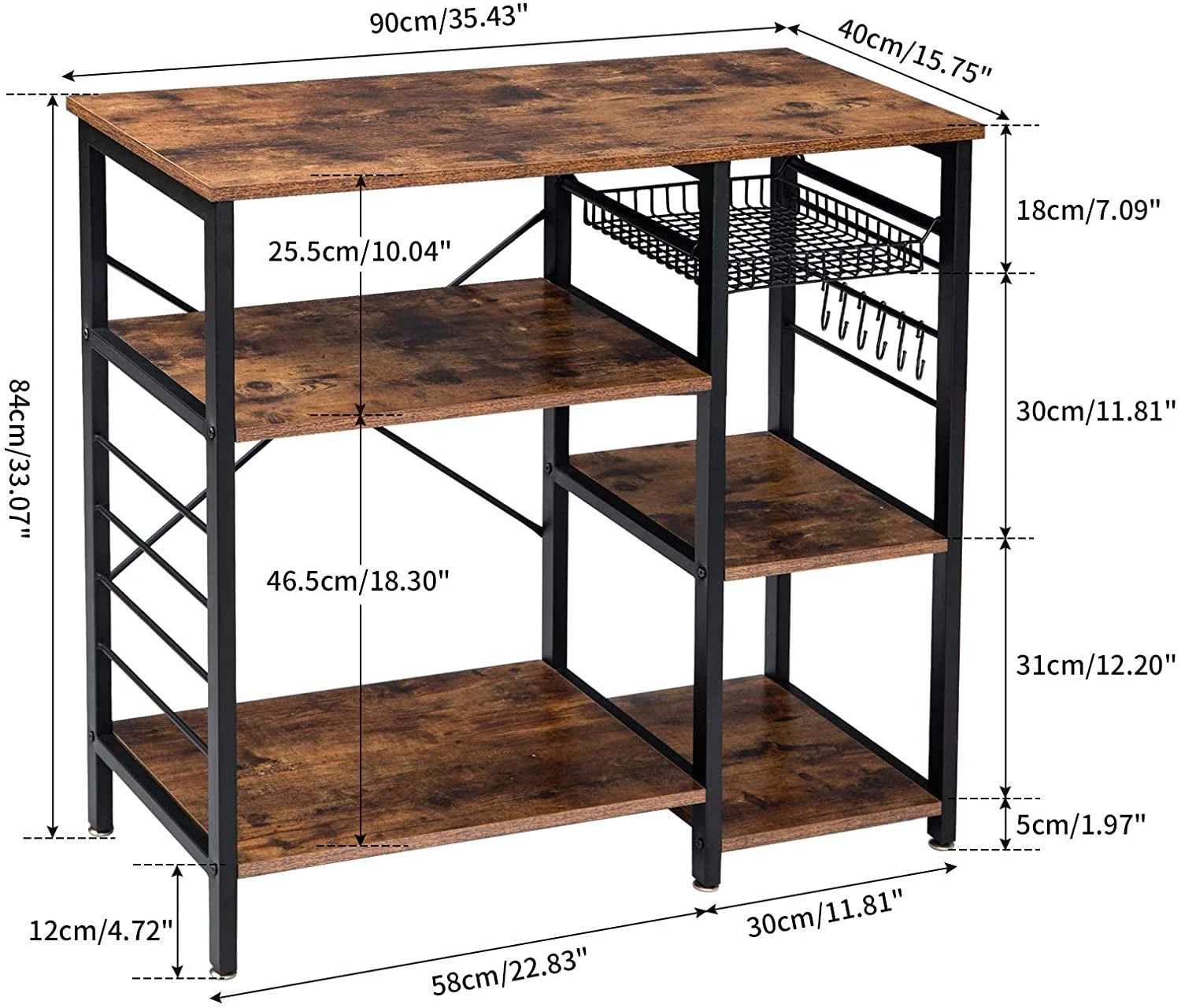 4-Tier Kitchen Baker's Rack with Wire Basket and 6 Hooks, Rustic Brown H605