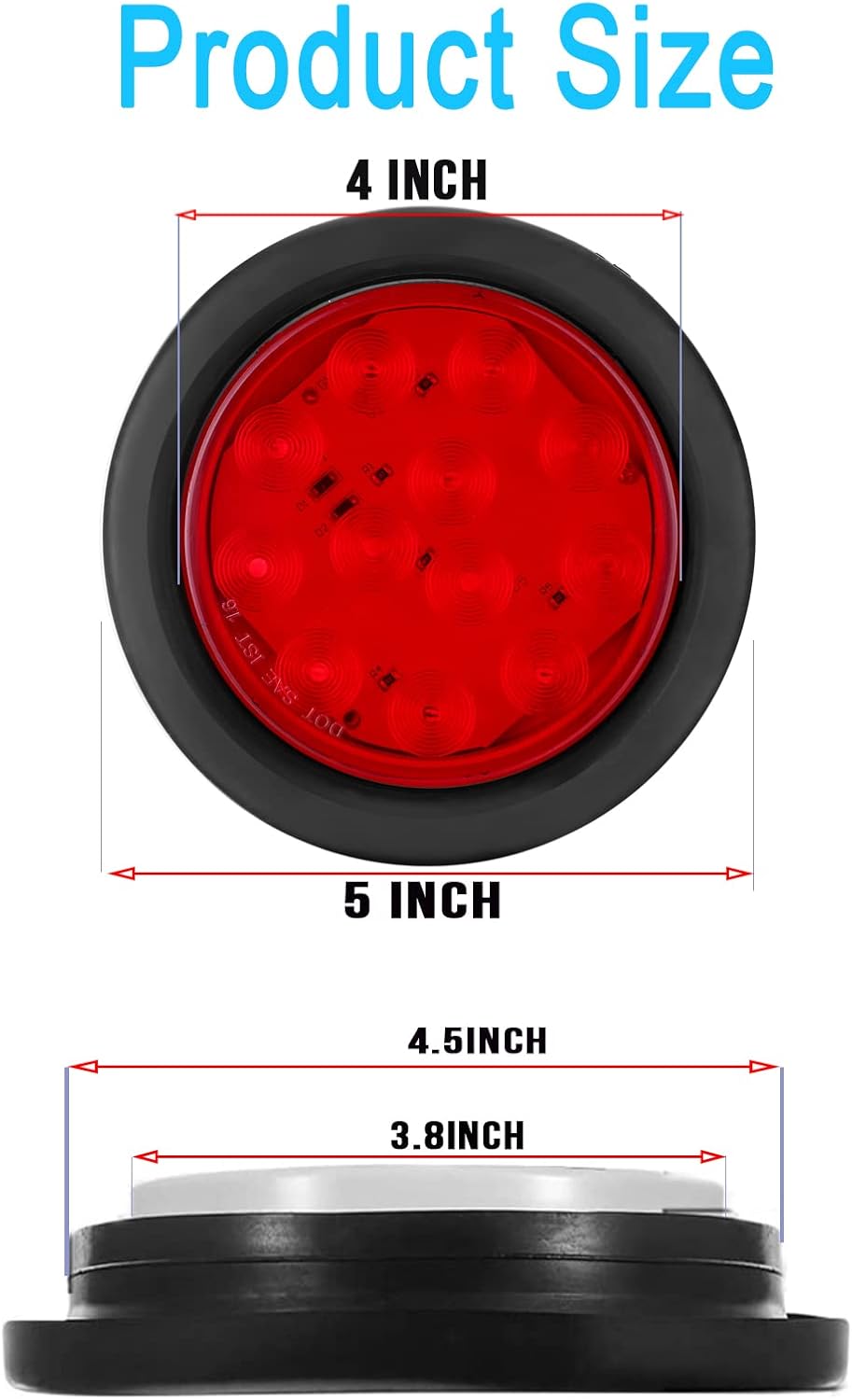 4 Inch LED Trailer Tail Lights Kit with Grommet Plug, 8 X Red Round 12 LED Brake Stop Turn Signal Tail Light X622112