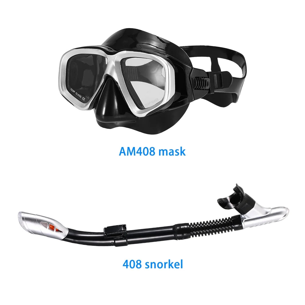 Freediving Snorkel Set with Tempered Glass Lens Goggles R733