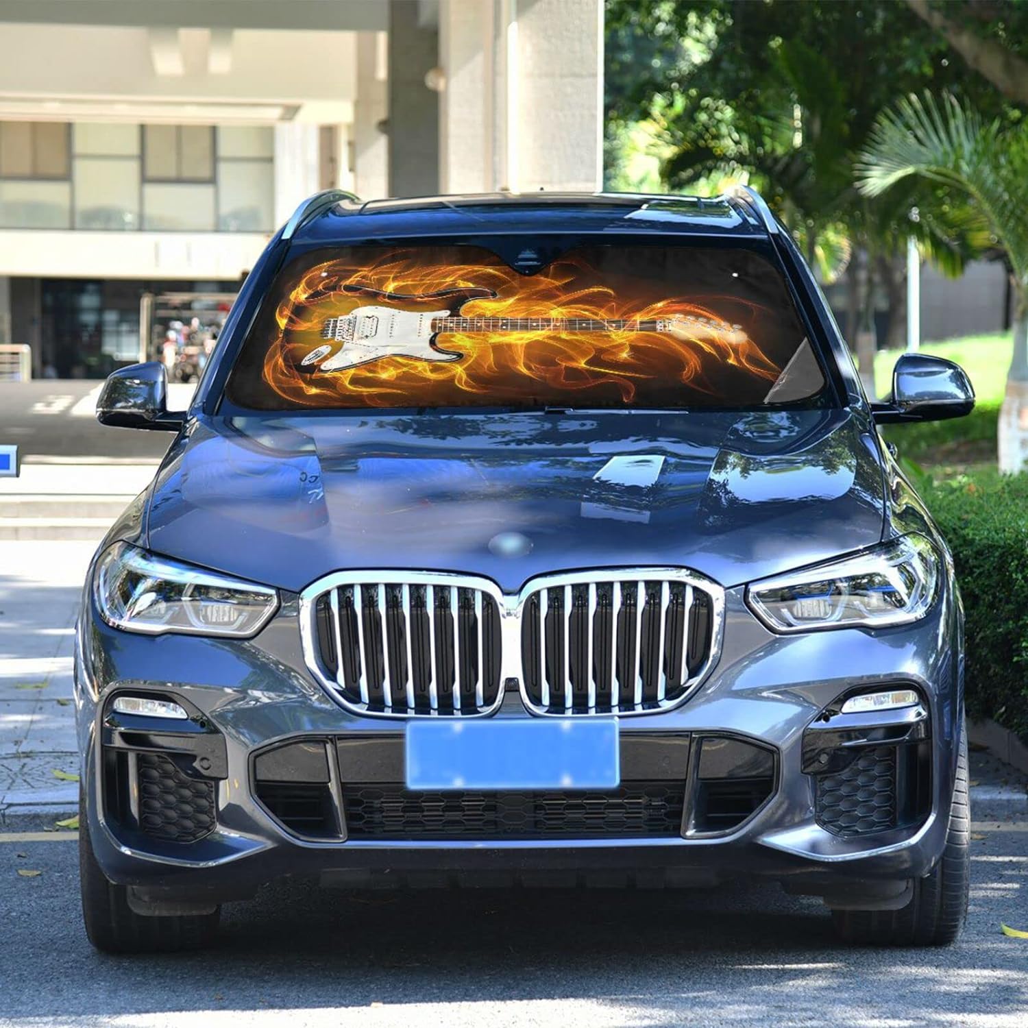 Electric Guitar Fire and Flames Car Windshield Sun Shade, Foldable Visor Protector, 55×27.6in T762