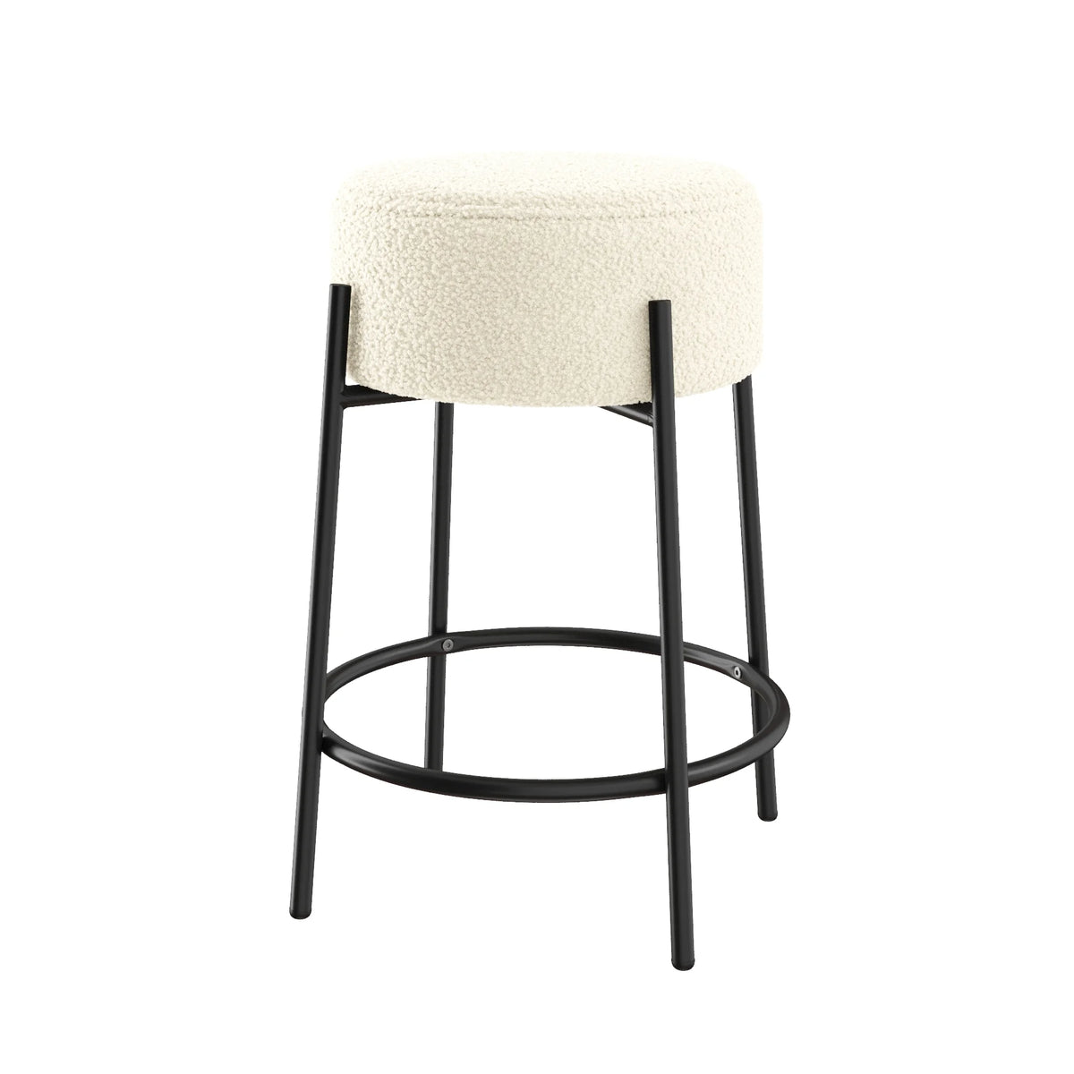 Backless Bar Stool with Round Padded Boucle Seat and Metal Base E8461