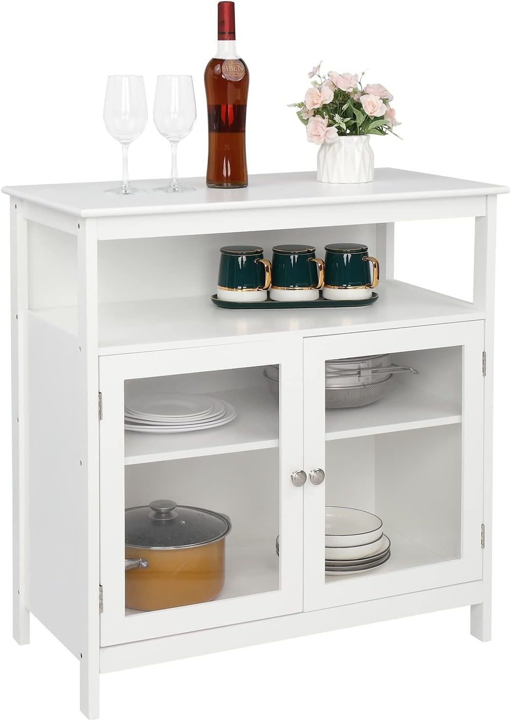 White Kitchen Storage Sideboard Cabinet with Open Shelf and 2 Glass Door Cabinet S731613