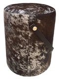 Brown & White Cowhide Round Pouf with Leather Handle N60681