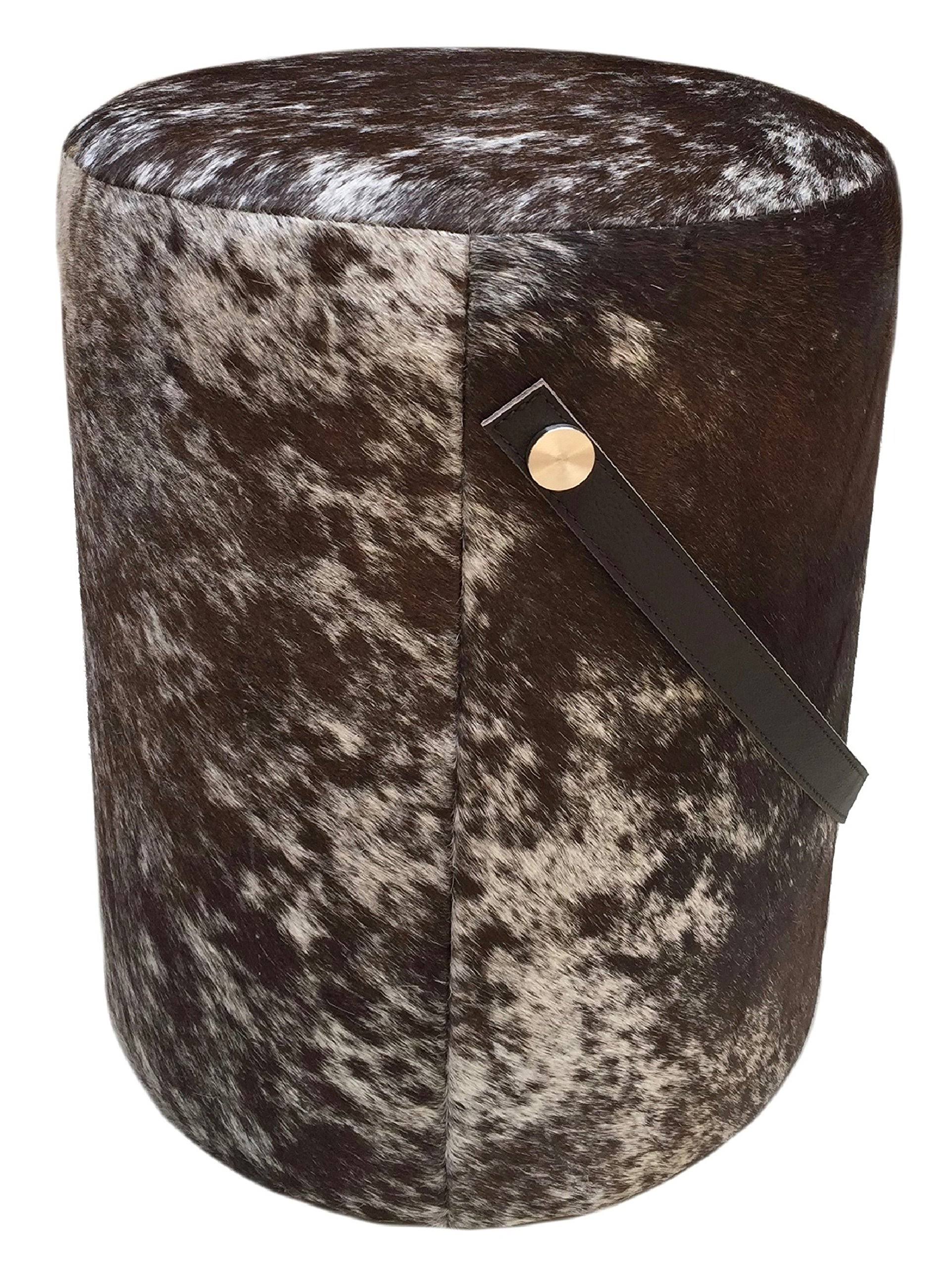 Brown & White Cowhide Round Pouf with Leather Handle N60681