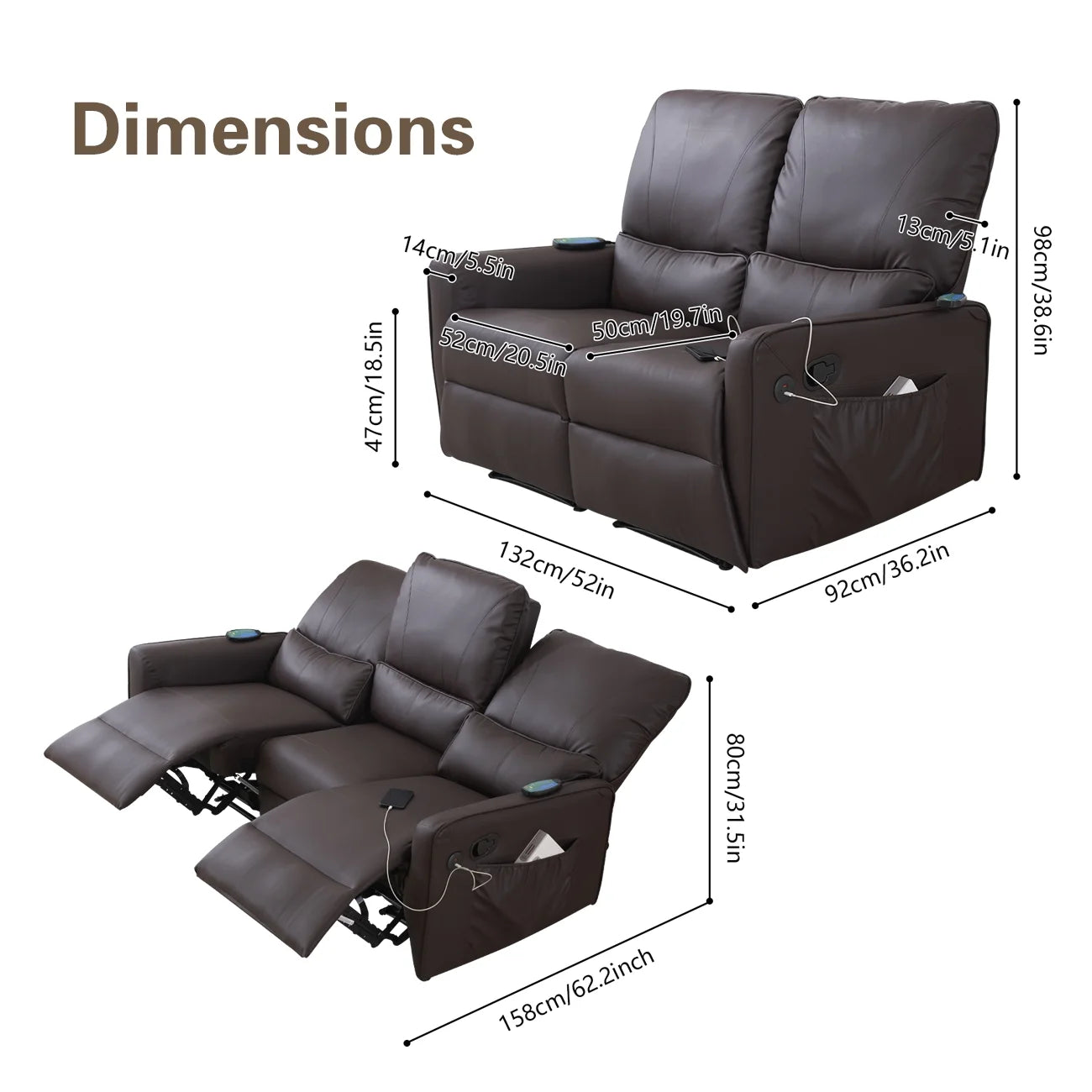Brown 2 Seater Power Recliner with Massage and Heat Y645809