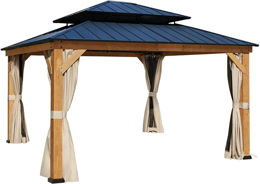 Spruce Hardtop Gazebo with Privacy Curtains and Mosquito Netting J987
