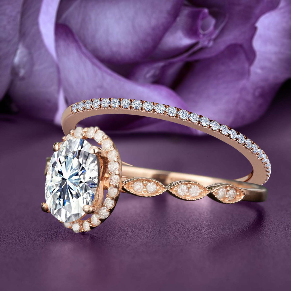 Art Deco Oval Cut Moissanite Engagement Ring in 10k Rose Gold O55096