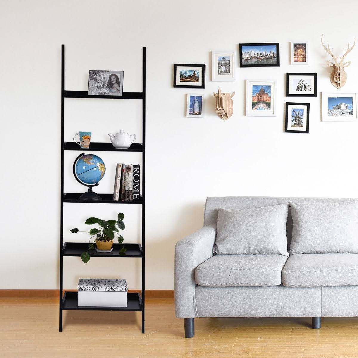 5-Tier Leaning Wall Display Bookcase Black V5644