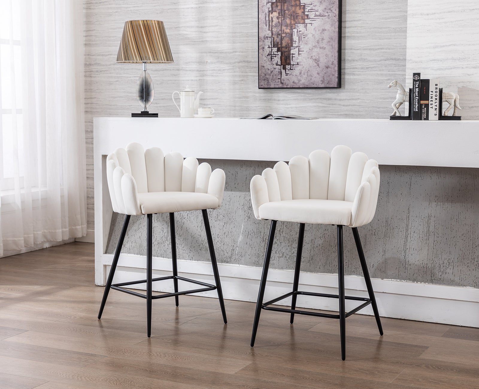 White Velvet Bar Stools Set of 2 with Metal Legs O7712