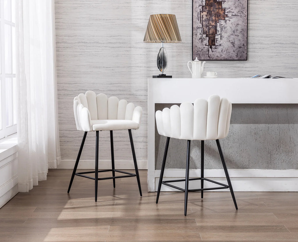 White Velvet Bar Stools Set of 2 with Metal Legs O7712