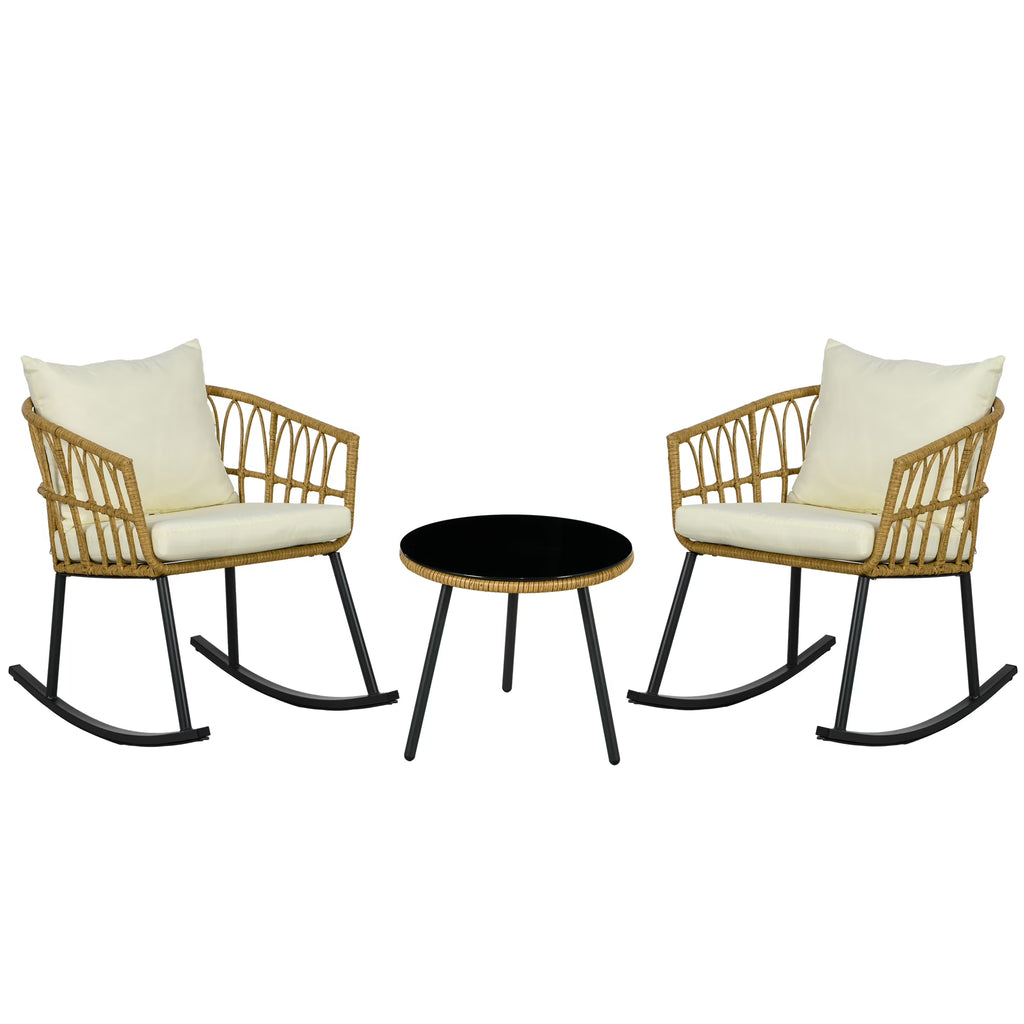 White 3 Piece Patio Rocking Chair Set with Cushions and Glass Top M835710