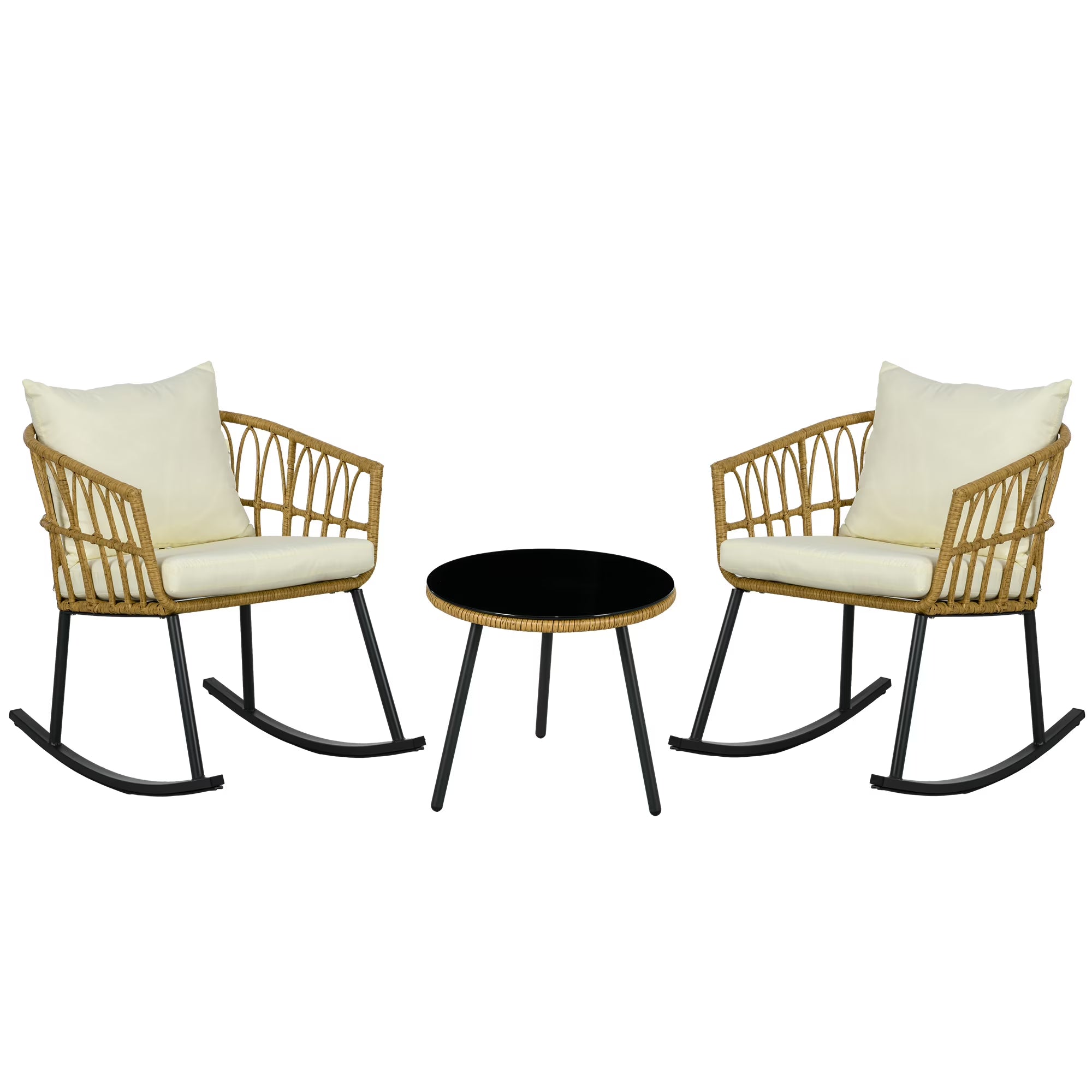 White 3 Piece Patio Rocking Chair Set with Cushions and Glass Top M835710