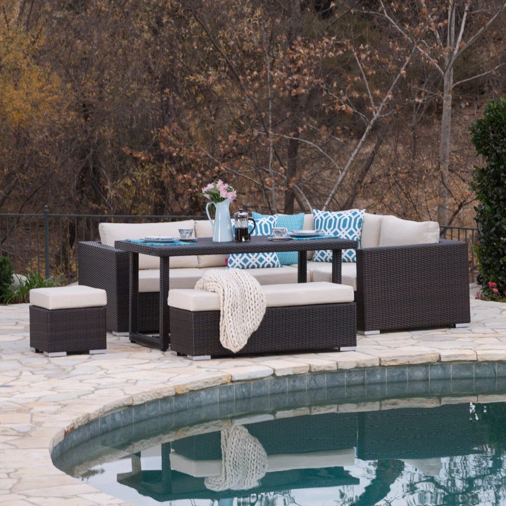 7 Seater Wicker Dining Sofa Set with Water Resistant Cushions E374