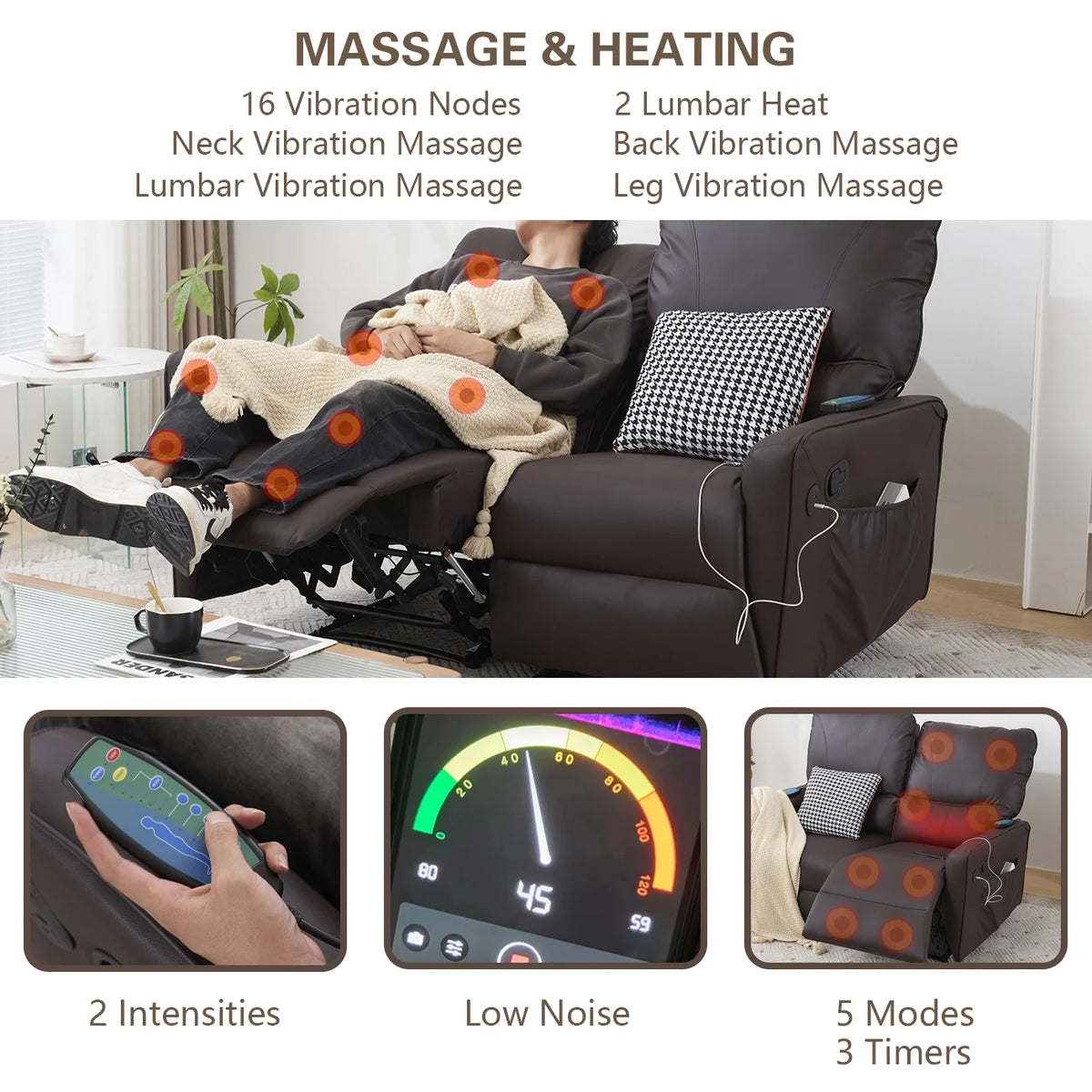 Brown 2 Seater Power Recliner with Massage and Heat Y645809