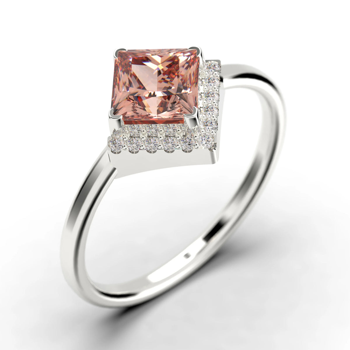 1.50 Carat Princess Cut Morganite And Diamond Moissanite Engagement Ring in 925 Sterling Silver With 18k White Gold Plating F79711