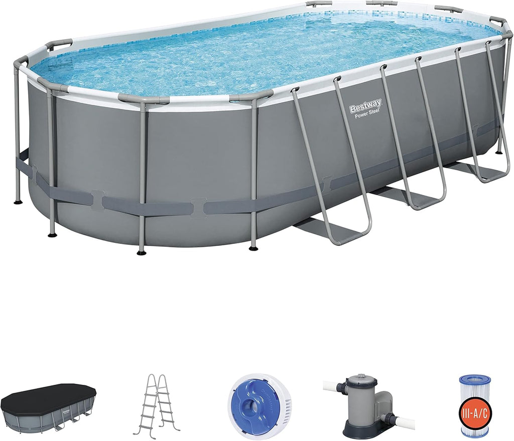 18' x 9' x 48 Outdoor Oval Frame Above Ground Swimming Pool Set with 1500 GPH Cartridge Filter Pump, Cover, & Ladder G2603
