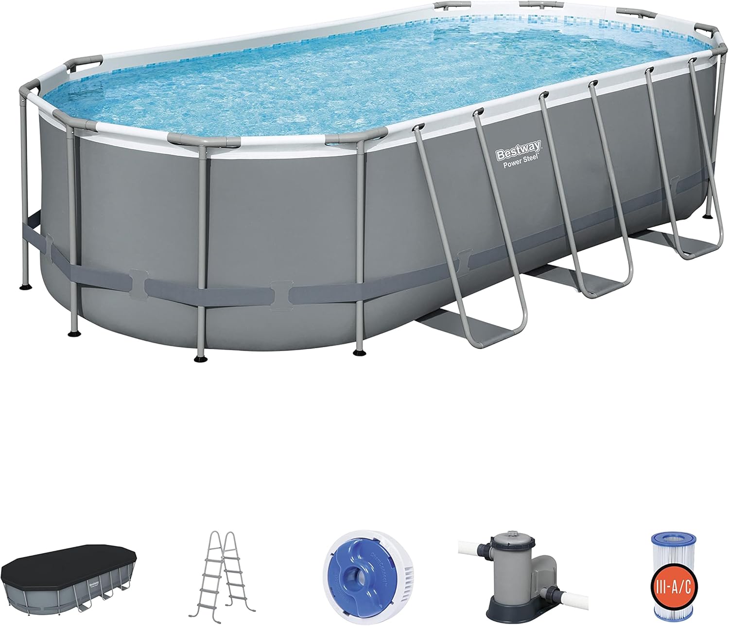 18' x 9' x 48 Outdoor Oval Frame Above Ground Swimming Pool Set with 1500 GPH Cartridge Filter Pump, Cover, & Ladder G2603