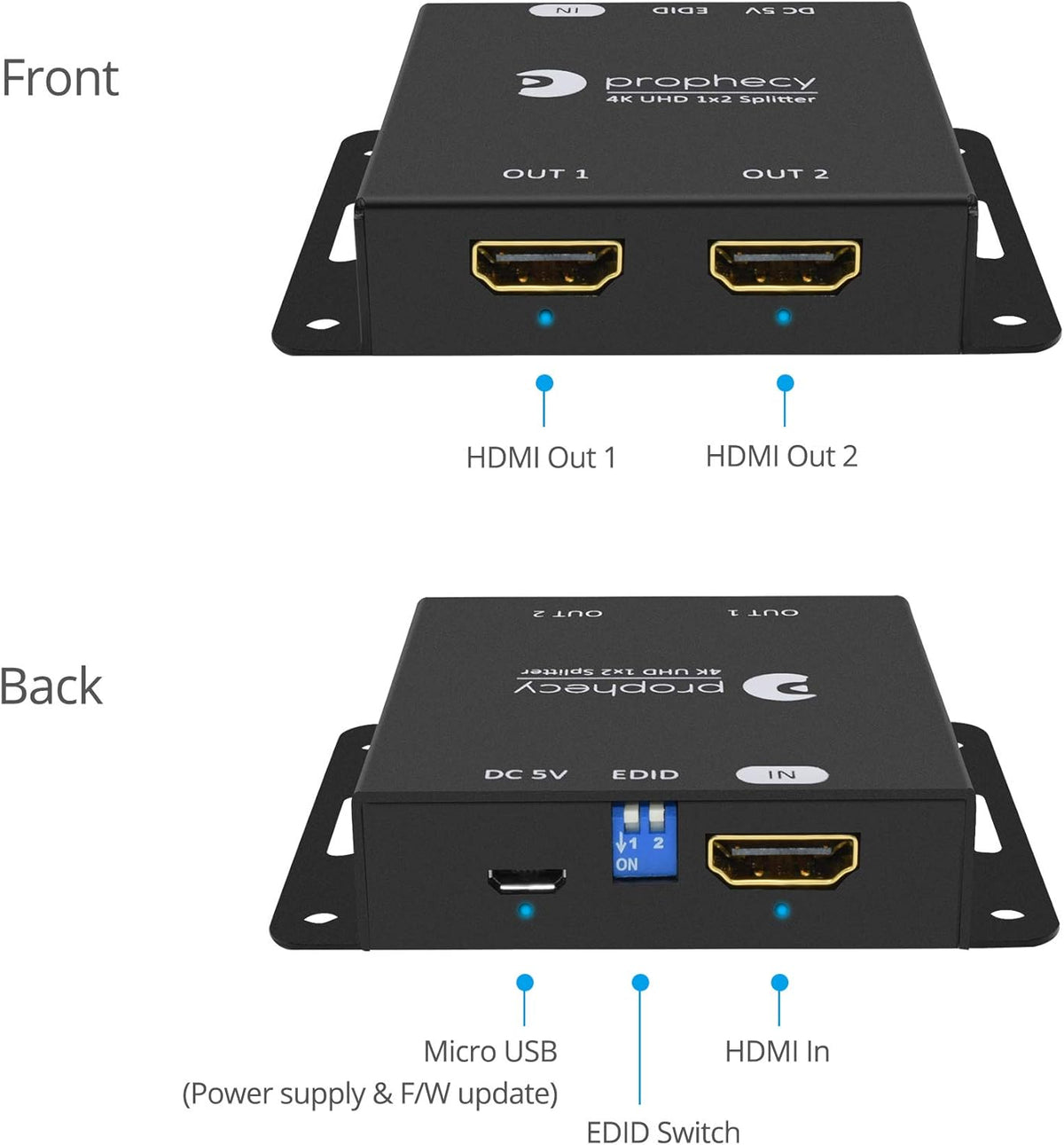 1x2 HDMI 2.0 Splitter 4K 60Hz HDR 18Gbps 2 Port 1 in 2 Out Pack of 2 L53555