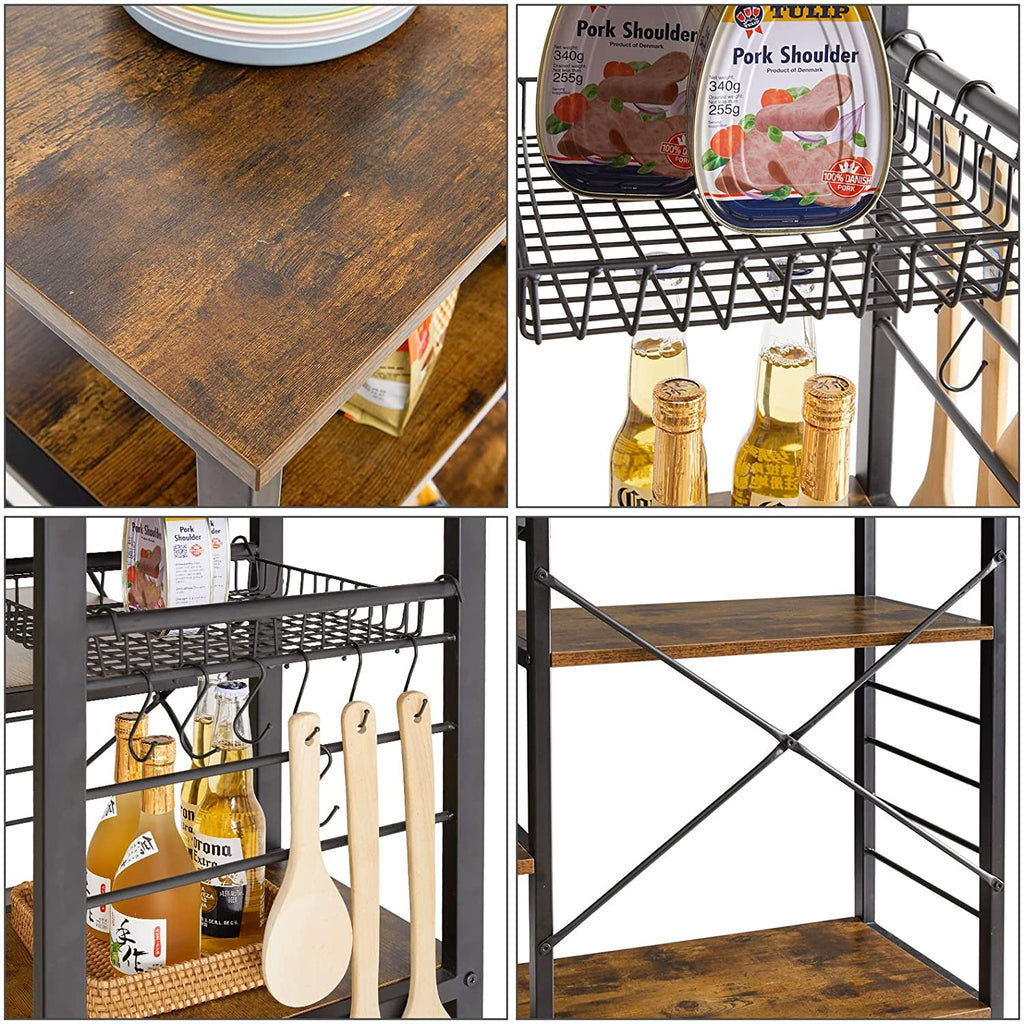 4-Tier Kitchen Baker's Rack with Wire Basket and 6 Hooks, Rustic Brown H605